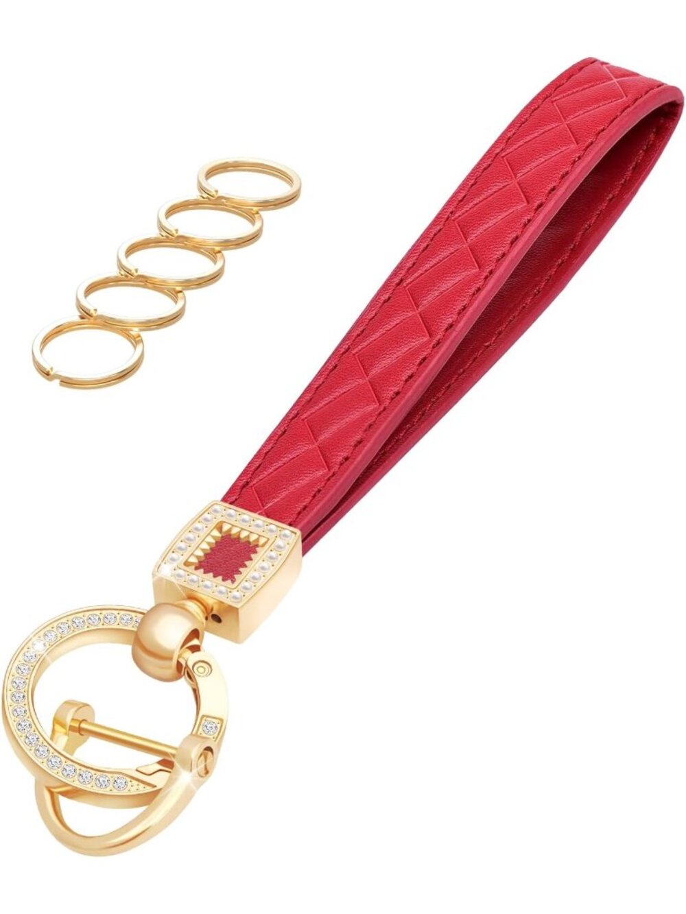 Women's Red Car Keys loop Cross-hatched Key Holder Leather Wristlet Keychain